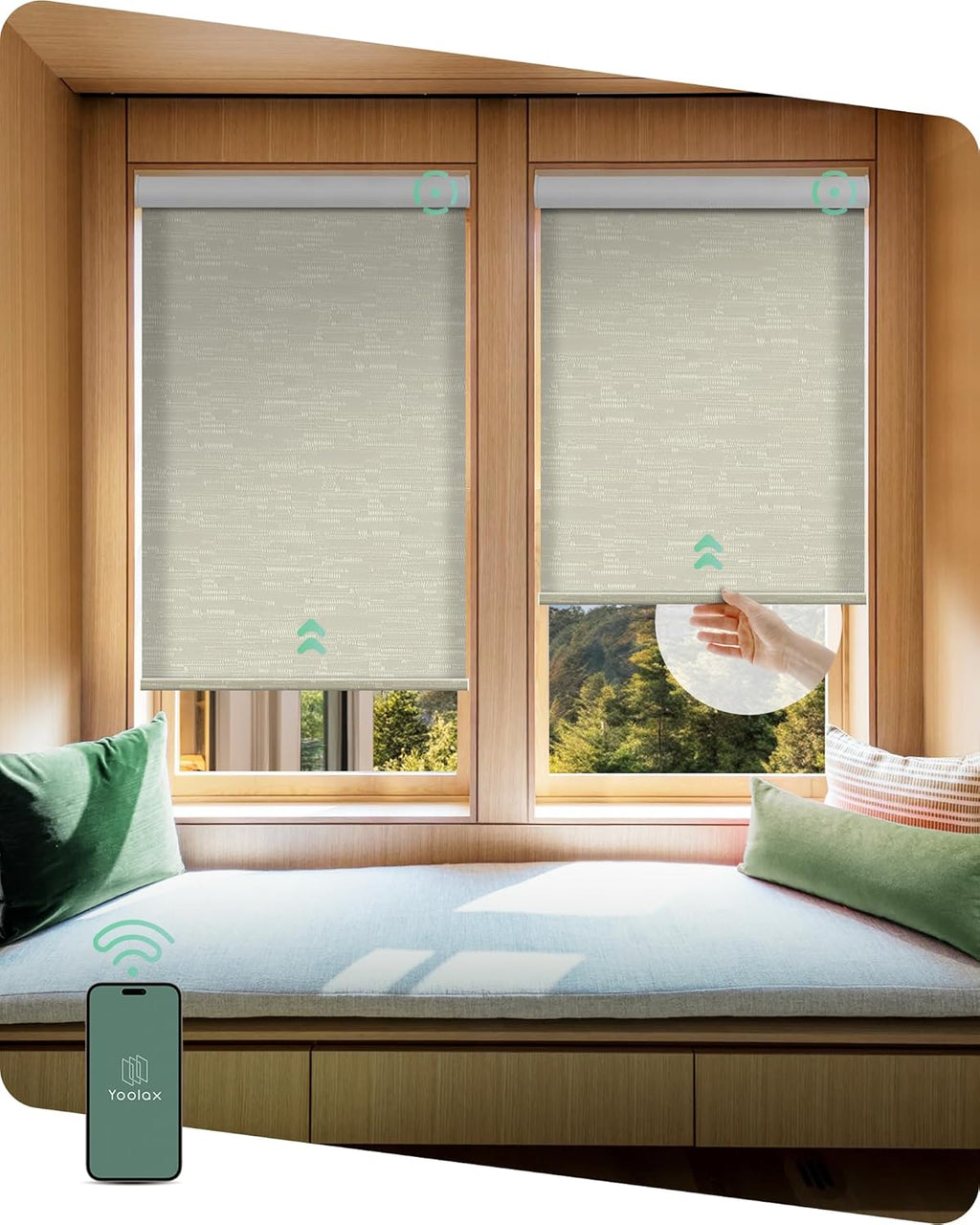 Yoolax Motorized Shades Dual Control, MotionFlex Motorized Roller Shades with App & Manual Control, Pull Down Automatic Shades for Indoor Windows, Custom Size(Light Filtering Jacquard Coffee)