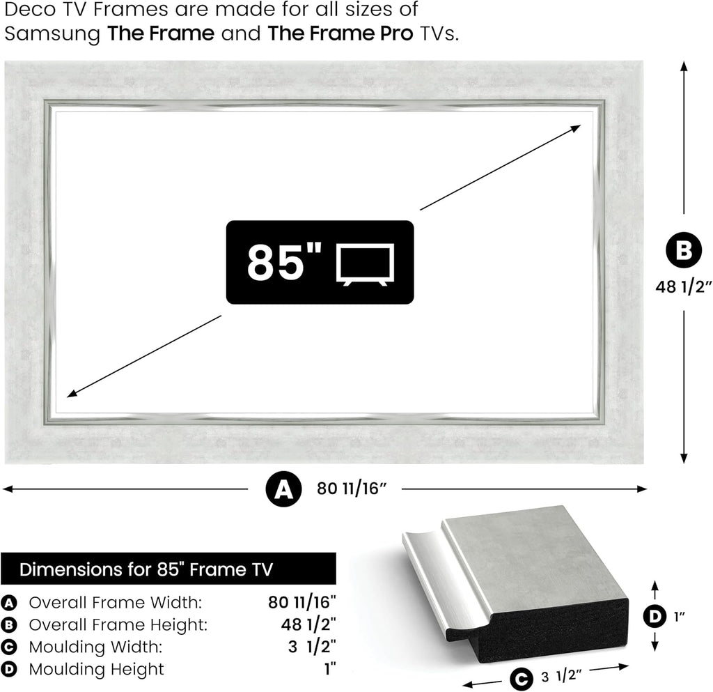 Contemporary Silver 85" Premiere Deco TV Frame - Compatible ONLY with Samsung The Frame TV and Pro TVs (Fits 2021-2025, LS03A, LS03B,LS03C,LS03D,LS03FA,LS03FW)