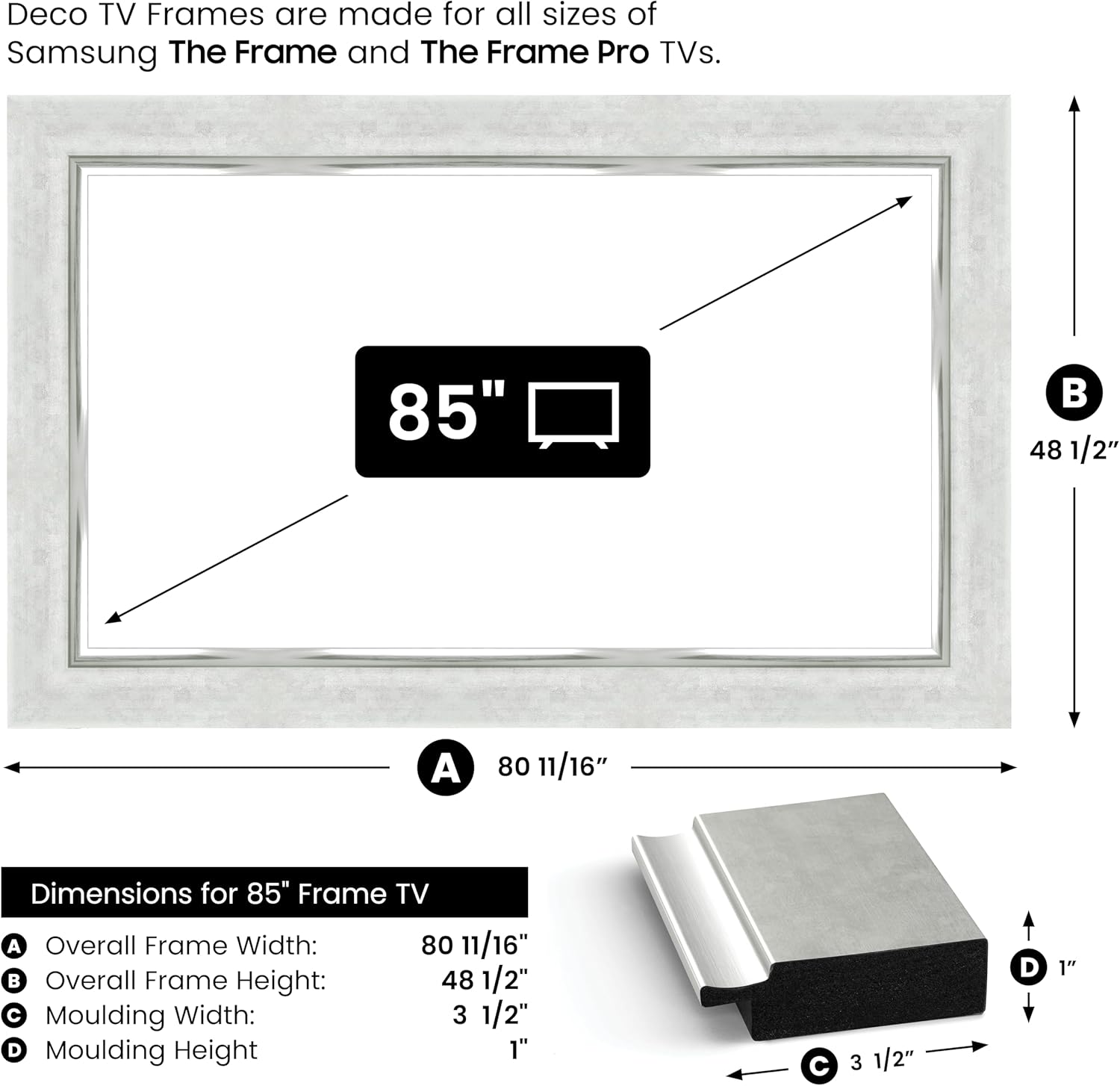 Contemporary Silver 85" Premiere Deco TV Frame - Compatible ONLY with Samsung The Frame TV and Pro TVs (Fits 2021-2025, LS03A, LS03B,LS03C,LS03D,LS03FA,LS03FW)