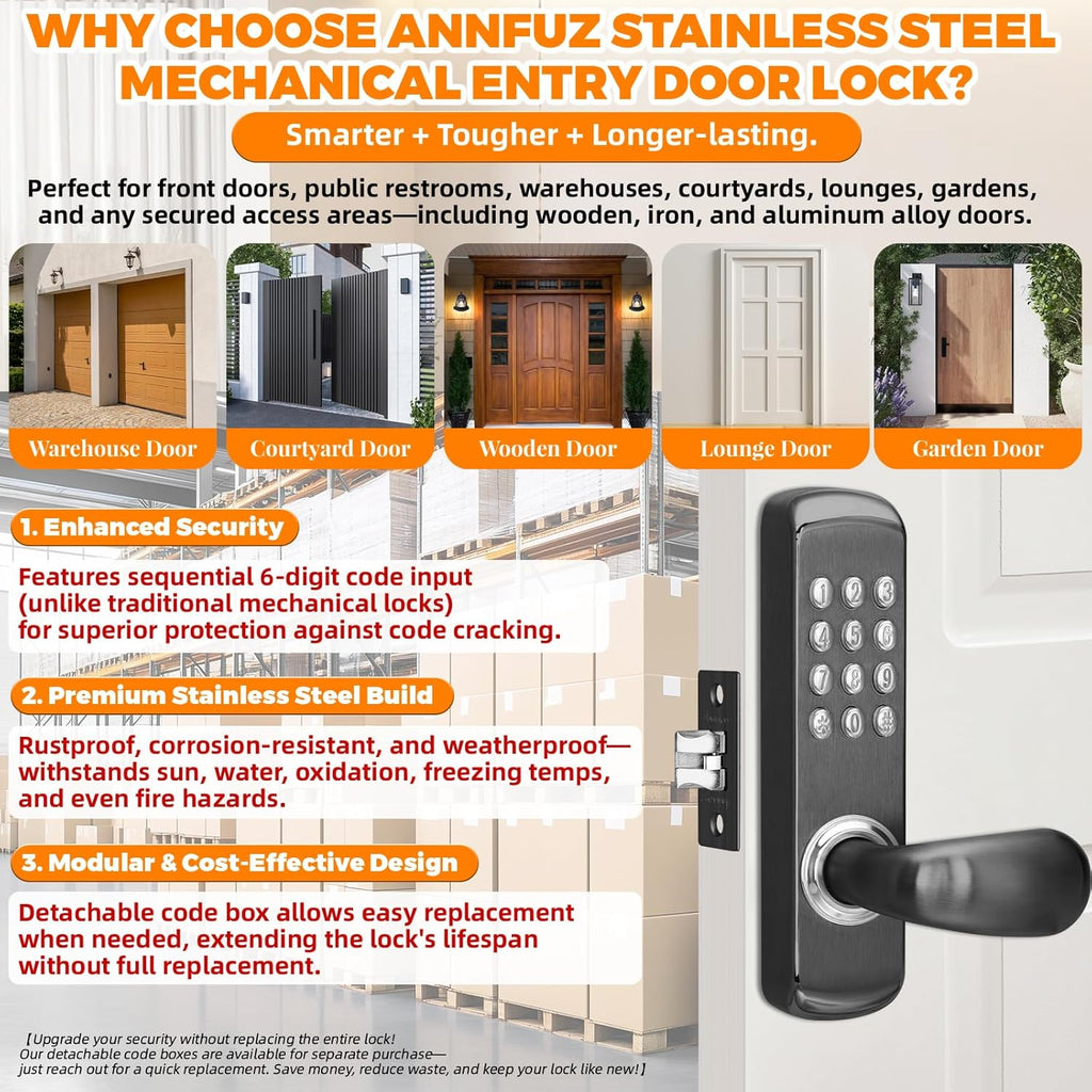 Stainless Steel Mechanical Keypad Entry Door Handle Lock,Commercial Keyless Push Button Code Door Lever,Single-Sided Combination &Interior Non-locking,Exterior Auto-Lock,For Outdoor,Matte Black