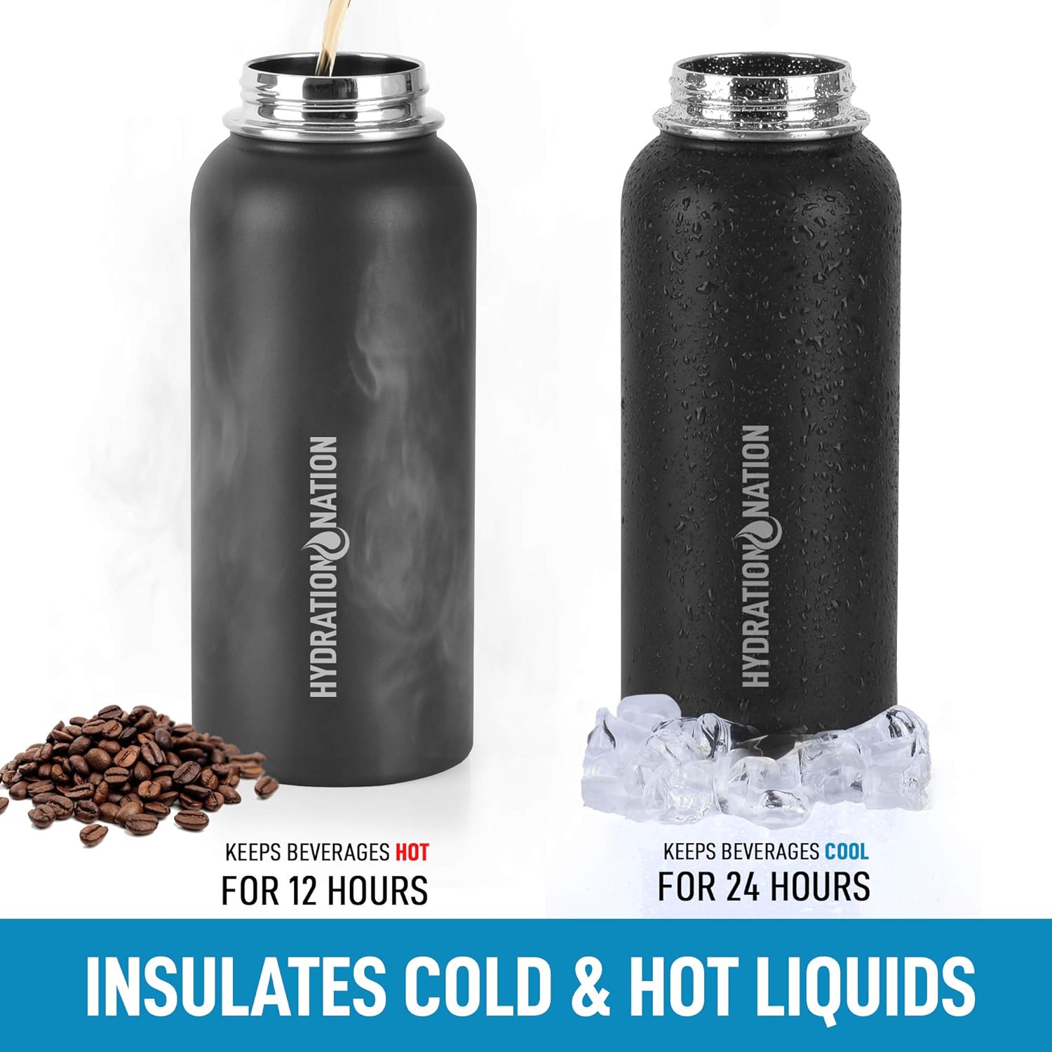 Hydration Nation 3 Lid Multi-Size Vacuum Insulated Water Bottles with Straw - Metal Water Bottle For Sports & Outdoor - Thermo Stainless Steel Water Bottle - Perfect for Hot & Cold Drinks (Black)