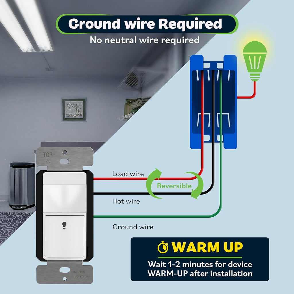TOPGREENER Motion Sensor Switch, PIR Sensor with Ambient Light Level, 𝐍𝐨 𝐍𝐞𝐮𝐭𝐫𝐚𝐥 𝐑𝐞𝐪𝐮𝐢𝐫𝐞𝐝, Ground Wire Required, Occupancy & Vacancy Modes, Single Pole, TDOS5-JM-W-2PCS, White