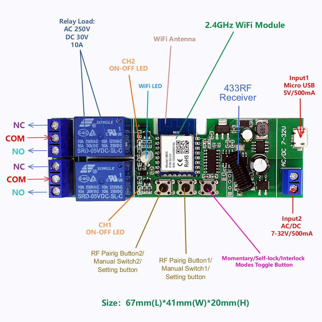 2 channelsWiFi Wireless Smart Switch Inching Self-locking Relay Module, be applied to access control Tuya SmartLife APP,DIY WIFI Garage Door Opener With 433 MHz RF remote control