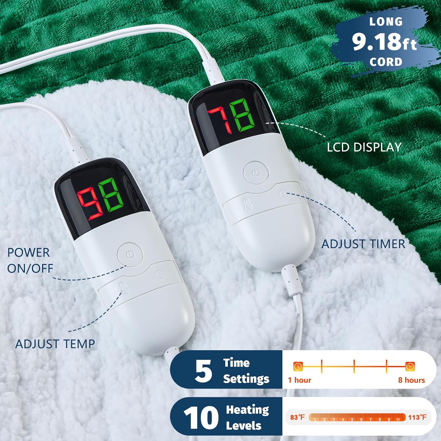 Heated Electric Blanket King Size - 90" x 100" Heating Blanket with Dual Control, 10 Heating Levels & 8 Hours Auto Off, Soft Warm Flannel Blanket, Christmas Birthday Gifts for Senior Grandma