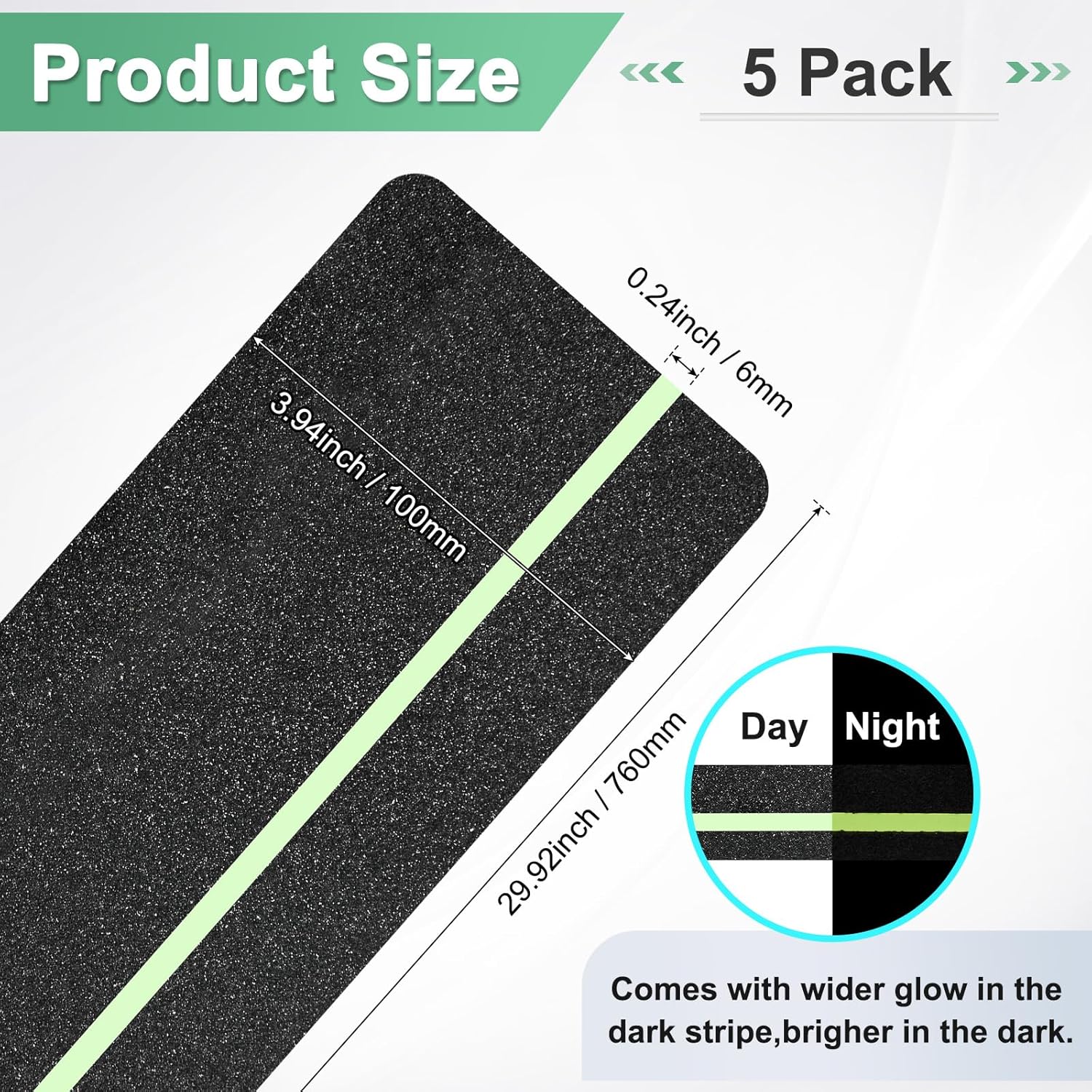 5-Pack Anti Slip Traction Tape 30" x 4" Best Grip Tape Grit with 6mm/0.24" Glow in Dark Stripe High Traction Friction Abrasive Adhesive for Indoor/Outdoor Stairs[Black+Green]
