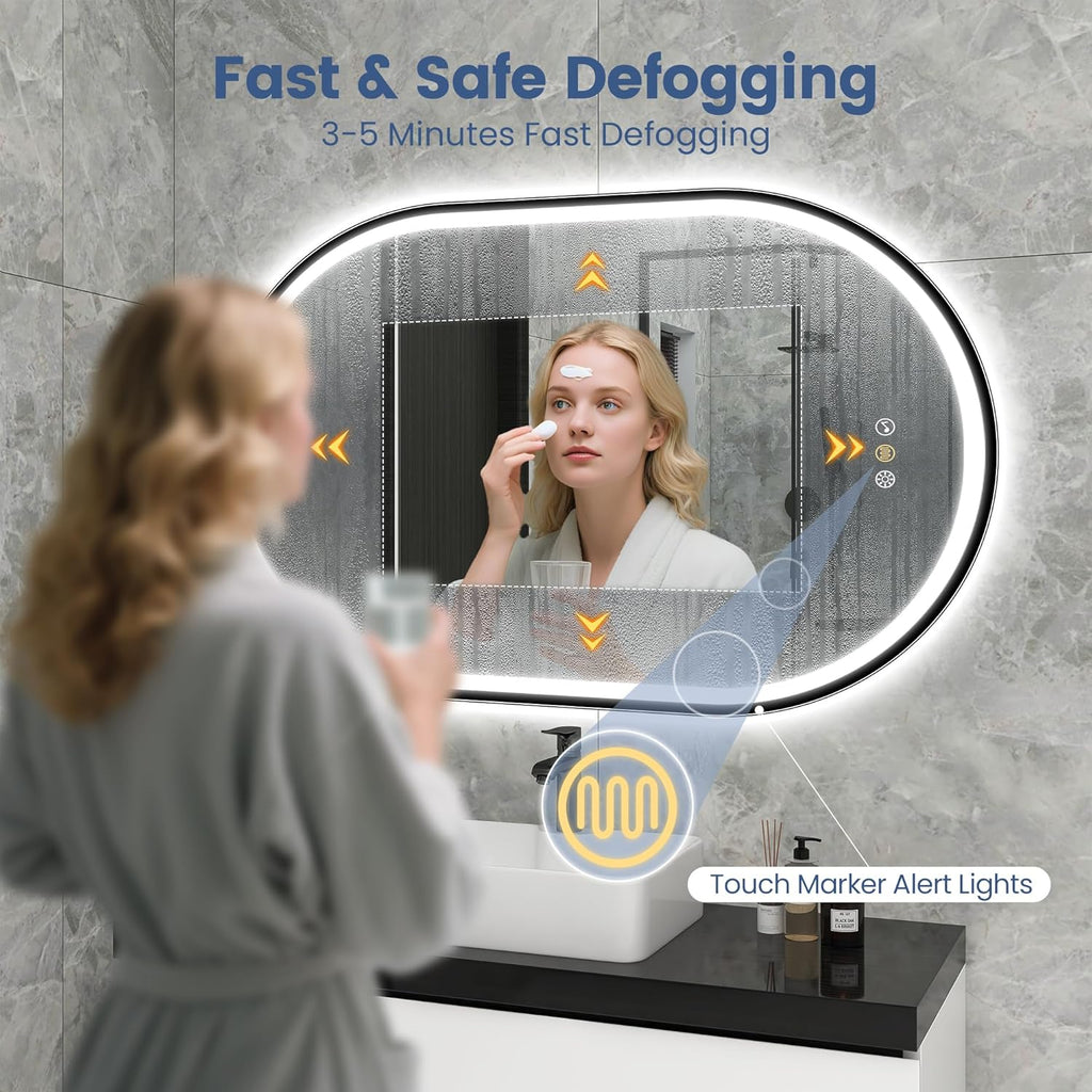 STARLEAD 24"x36" LED-Bathroom-Mirror-with-Lights, Wall-Mounted with Bluetooth, Anti-Fog, 3 Color Temperature Dimmable Brightness, Waterproof, Tempered Glass, Frontlit & Backlit, Black Frameless Oval