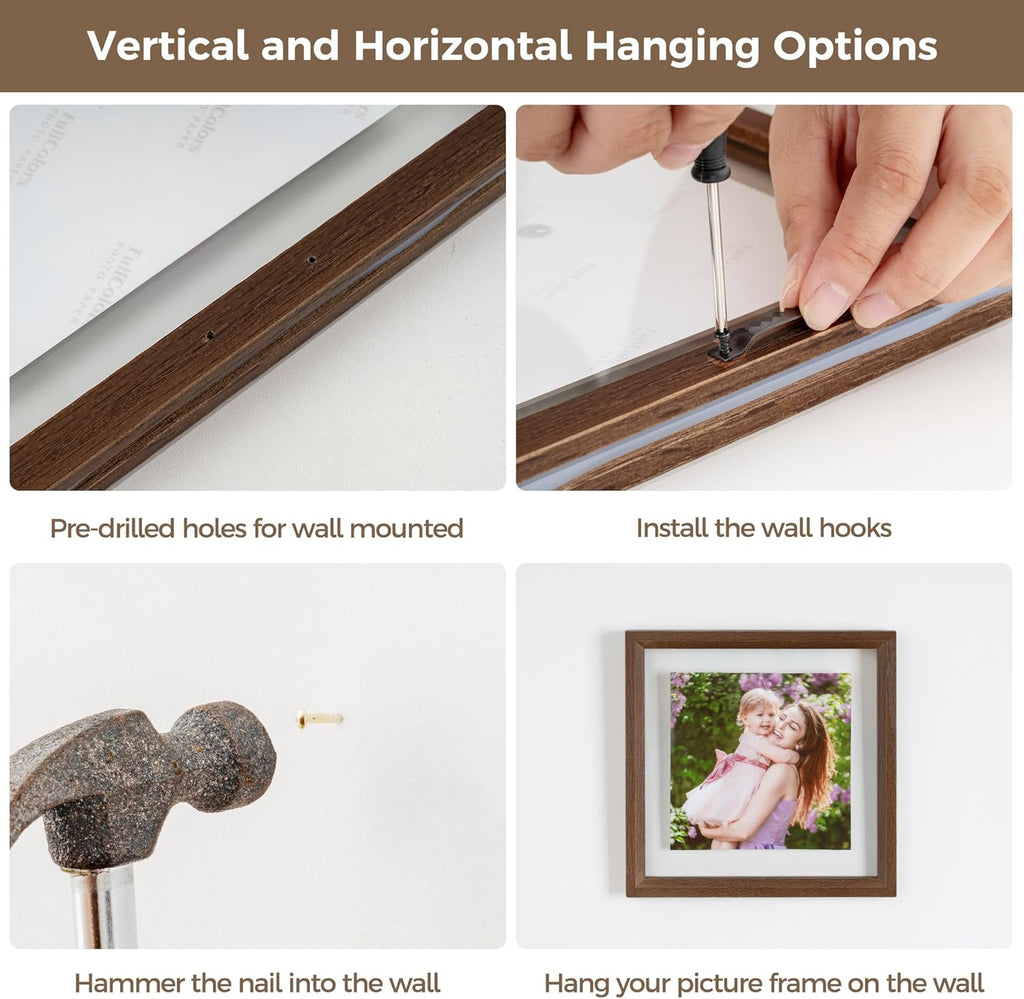 Axeman 6x8 Floating Picture Frame - Solid Oak Wood Picture Frame, Double Tempered Glass Photo Frame 2x3 4x6 5x7 6''x8'' Wood Frame, Wall Mount Or Tabletop Standing, Walnut