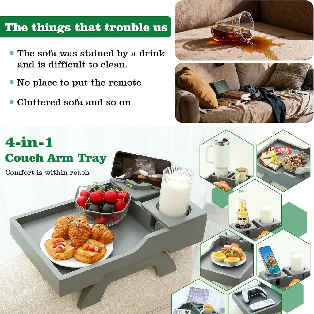 Couch Cup Holder, 4-in-1 Side Couch Arm Tray with Phone Holder, Sofa Clip on Side Table for Wide Couches Arm, Suitable for Home Drinks/Remote/Snacks-Grey