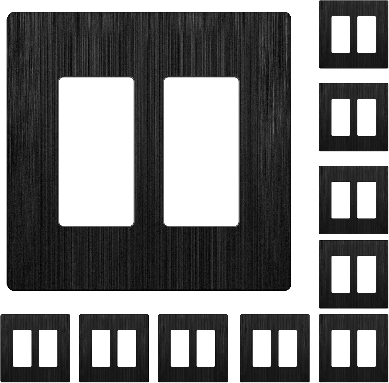LIDER Brushed Finish Double Decorator Switch Cover, Screwless Wall Plate, Mid-Size 2-Gang 4.88" x 4.92", Unbreakable Polycarbonate Thermoplastic, UL Listed, LSWP-32M-BBK10P, Brushed Black, 10 pack
