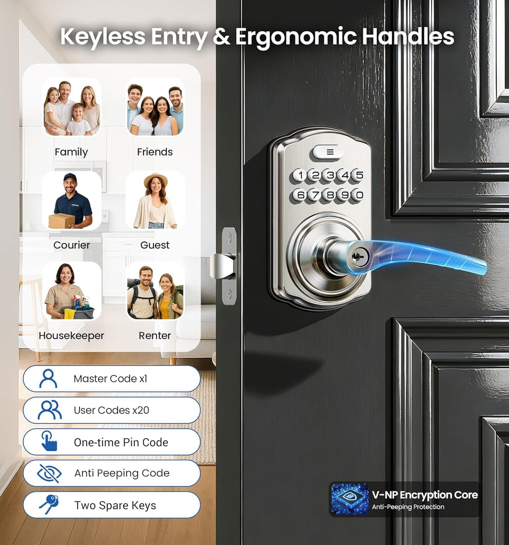 Veise Keypad Door Lock with Handle, Keyless Entry for Front Door & Bedroom, Electronic Lock with Code, Auto-Locking, Easy Installation, Passage Mode, Satin Nickel