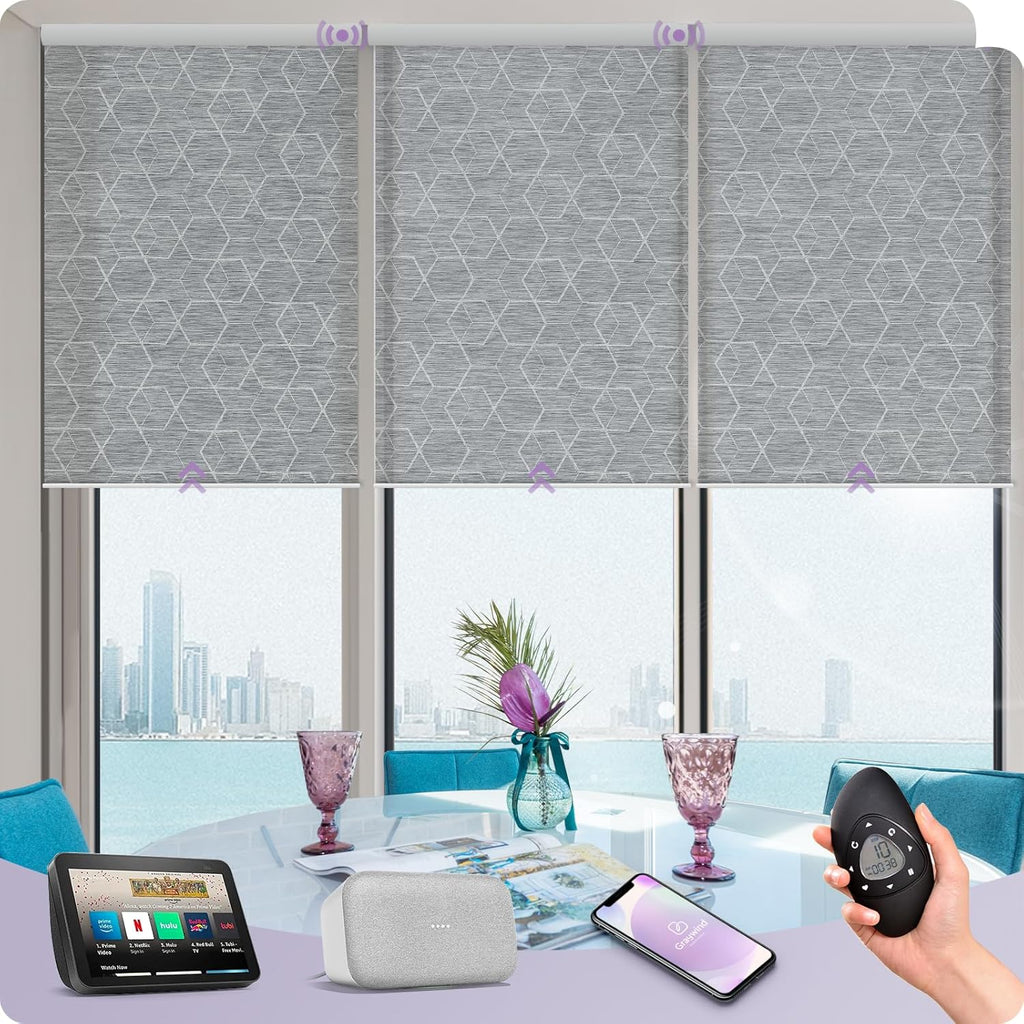 Graywind Motorized Solar Shades Light Filtering Mesh Shade Compatible with Alexa Google Remote Control Window Blinds with Valance for Smart Home Office Business, Custom Size (Solar - 1% Geometry Grey)