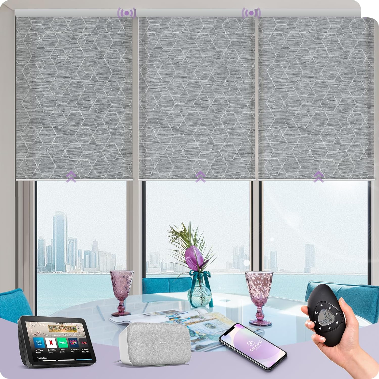 Graywind Motorized Solar Shades Light Filtering Mesh Shade Compatible with Alexa Google Remote Control Window Blinds with Valance for Smart Home Office Business, Custom Size (Solar - 1% Geometry Grey)