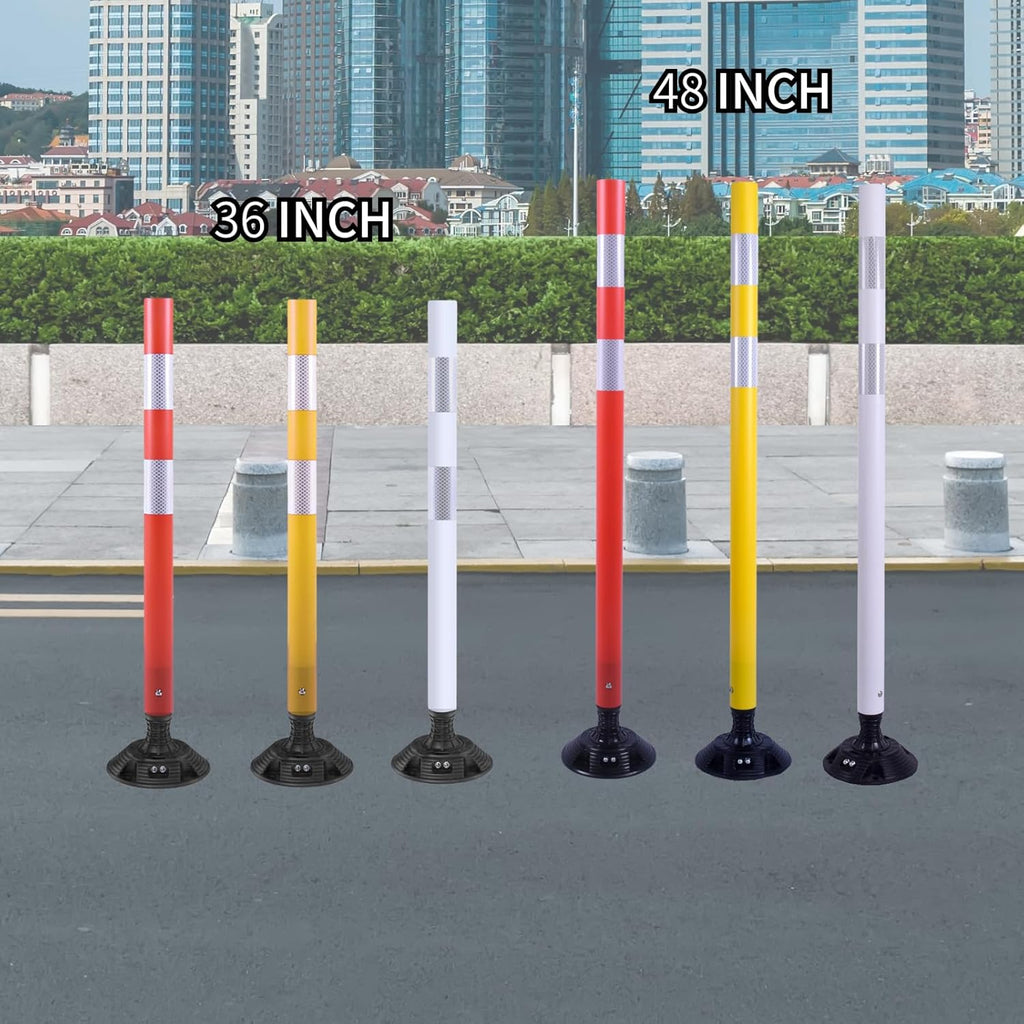 8 Pack Traffic Delineator Posts – High Visibility Reflective Safety Cones with Spring Base for Roadway, Parking, Garage, Construction Zones (White, 48 Inch)