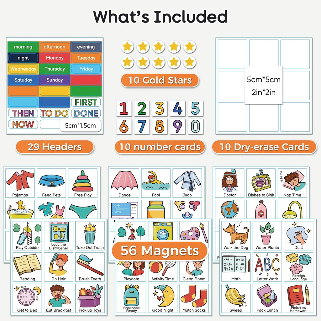 Magnetic Visual Schedule for Kids – Daily Routine & Chore Chart with 100+ Picture Magnets for Toddlers, Autism & ADHD, for Home Use, Morning and Bedtime Routines