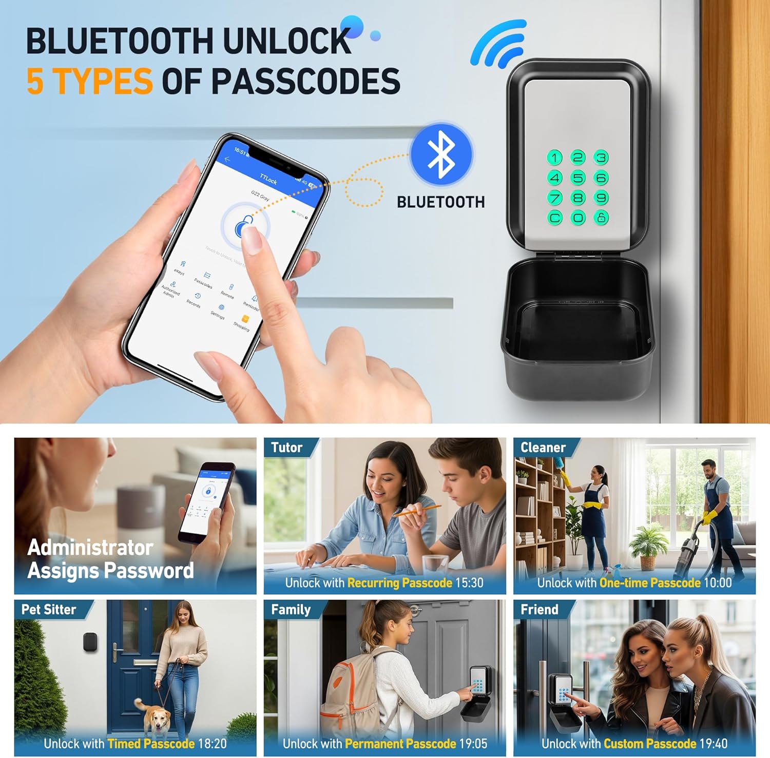 HUANLANG Smart Key Lock Box - Bluetooth Electronic Lock Box for Keys, Wall Mount Digital Key Storage with App Control & PIN Code Types, IP65 Waterproof lockbox for Home, Airbnb, Realtor and Office
