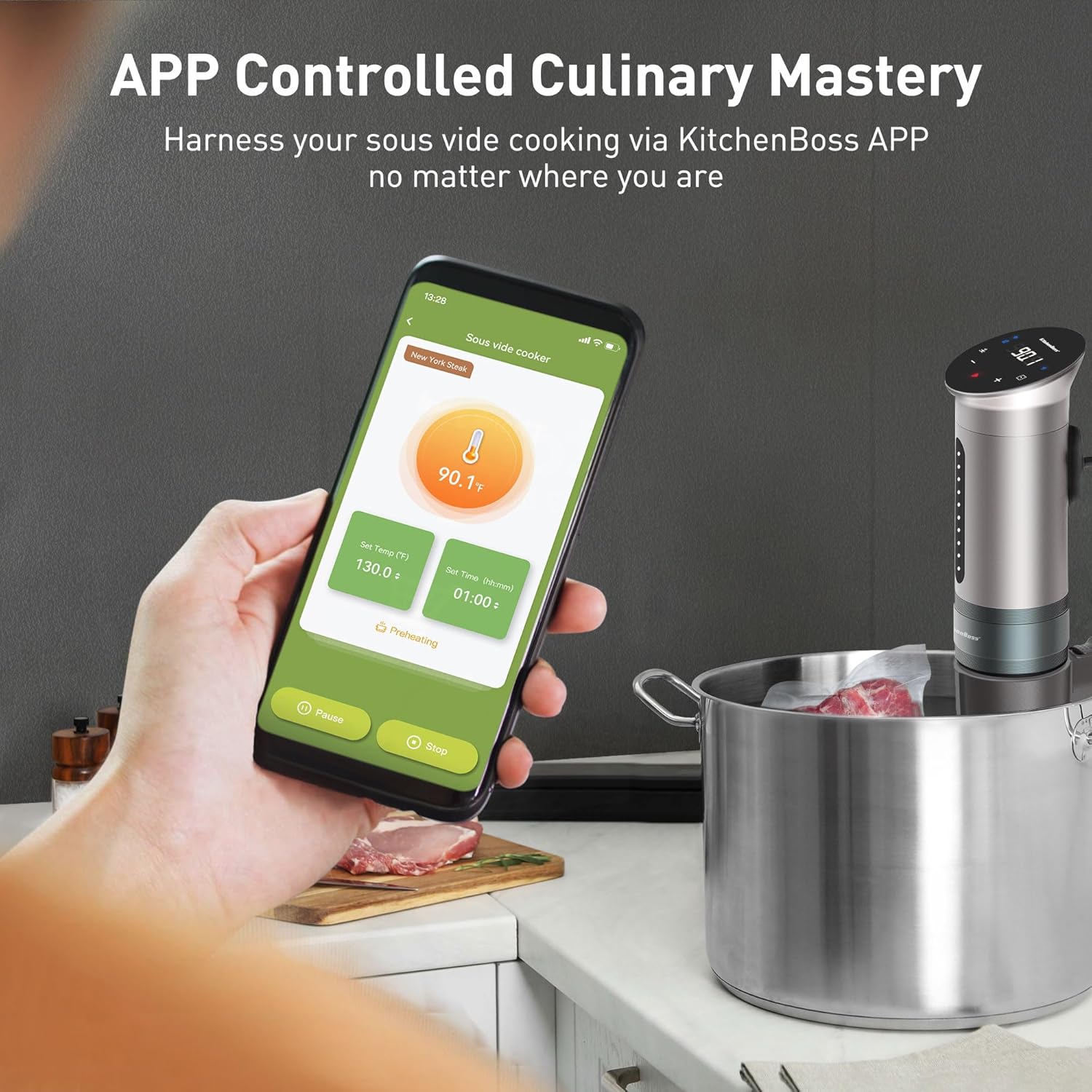 KitchenBoss Wifi Sous Vide Cooker: Ultra-quiet Sous Vide Machine Immersion Circulator APP Control 1100W, IPX7 Waterproof Sous-vide Precision Cooker Accurate Temperature Digital Display, Silver