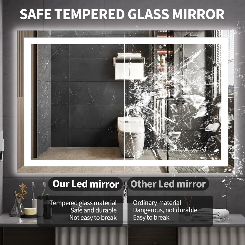 Koonmi 36x55 LED Bathroom Mirror, Backlit + Front Lit, LED Bathroom Mirror with Lights for Wall, 3 Colors, Anti-Fog, Dimmable Brightness, Memory Function, Tempered Glass
