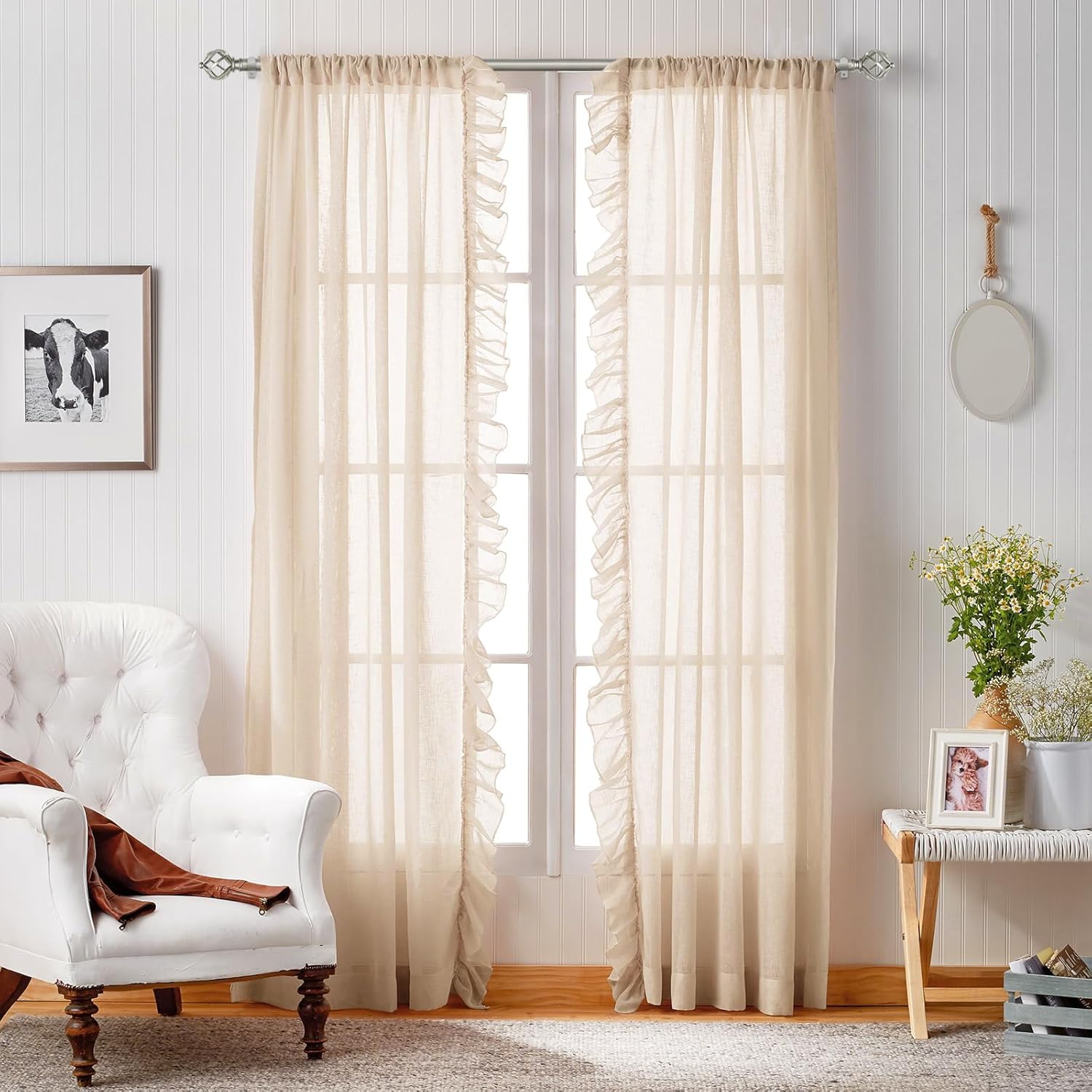KAMANINA 2 Pack Curtain Rods 32 to 86 Inches (2.6-7.1ft), 3/4 Inch Curtain Rods for Windows Splicing Adjustable Single Drapery Rod with Twisted Cage Finial, for Indoor and Outdoor, Antique Silver