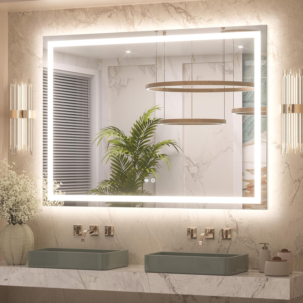 Keonjinn 48" x 36" Lighted Mirror for Bathroom Wall, LED Mirror with Frontlit & Backlit, Bathroom Mirror with Lights, Dimmable 3-Color Lights, HD Tempered Glass, UL-Listed LED Driver