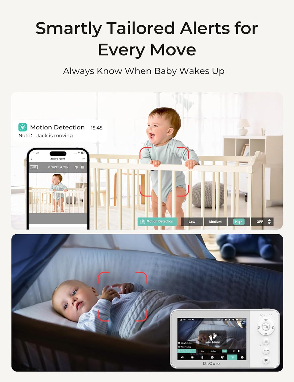 Dr.Care VistaView Lite RB Smart WiFi Baby Monitor with 2 Cameras - 4” 720P Split Screen & 1080P Camera App Control, Motion Alerts, 2500mAh Removable Battery, Night Vision, Multi-User, Triple Security