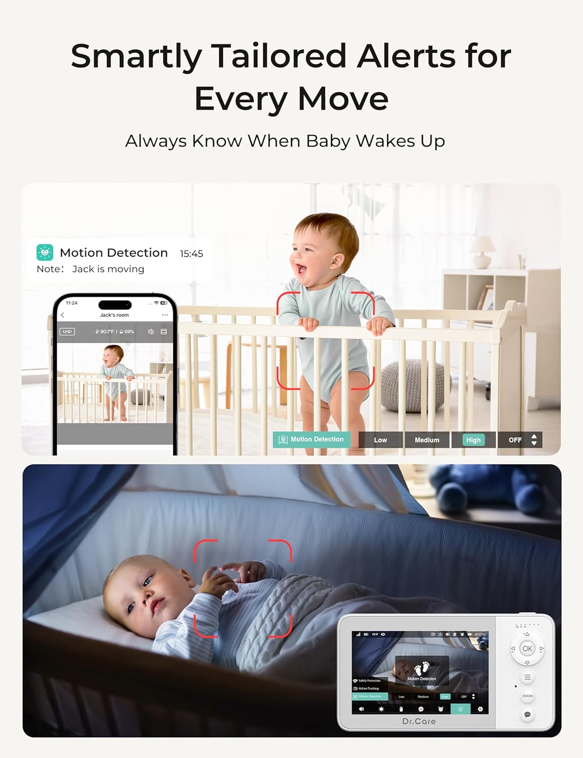 Dr.Care VistaView Lite RB Smart WiFi Baby Monitor with 2 Cameras - 4” 720P Split Screen & 1080P Camera App Control, Motion Alerts, 2500mAh Removable Battery, Night Vision, Multi-User, Triple Security