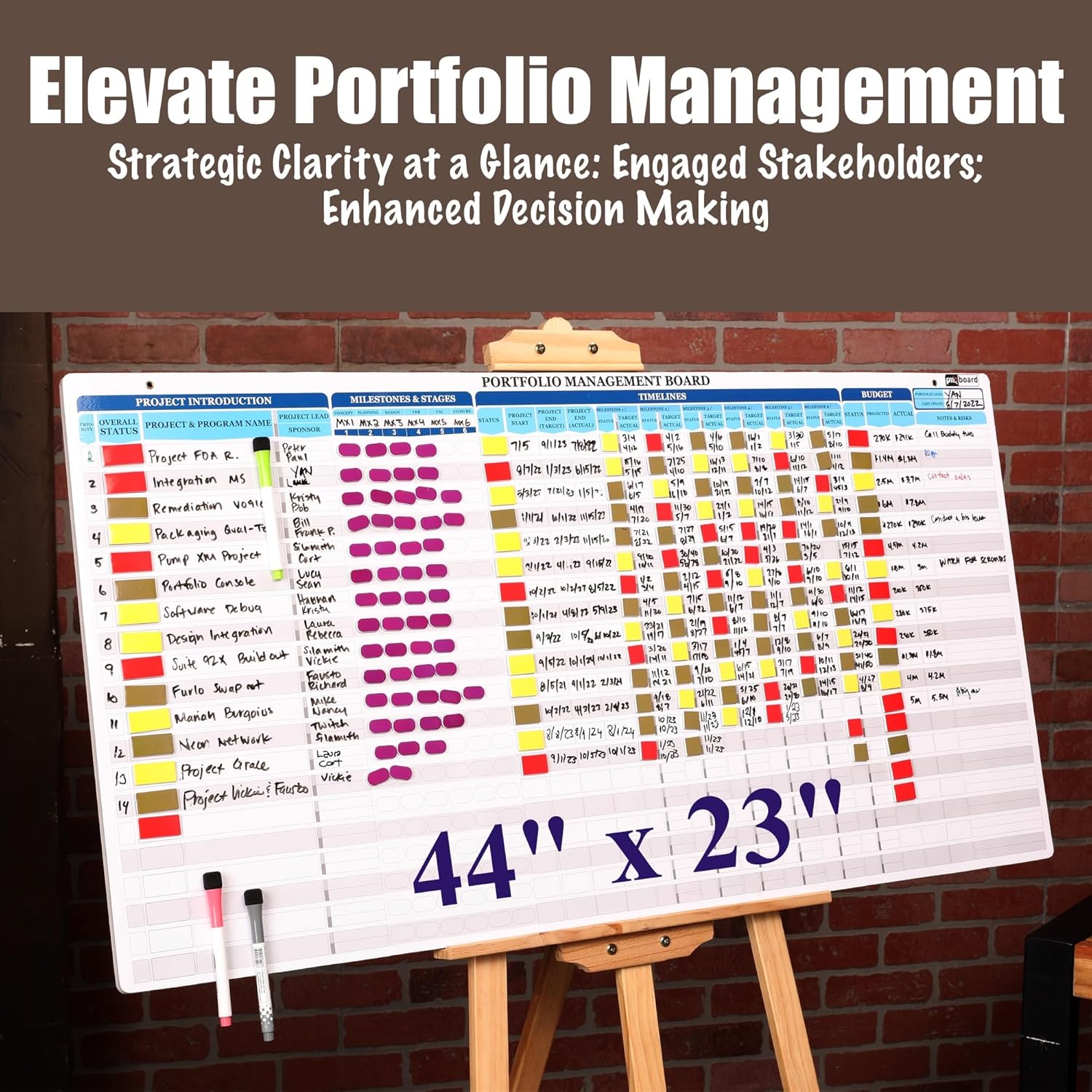 PMXBOARD Portfolio Project Management Board Set – Magnetic Whiteboard with Easel, 44” x 23”, 660 Magnets & Accessories – Track Up to 20 Projects, Budget, Risk & Timeline–Visual Project Planner&Tracker