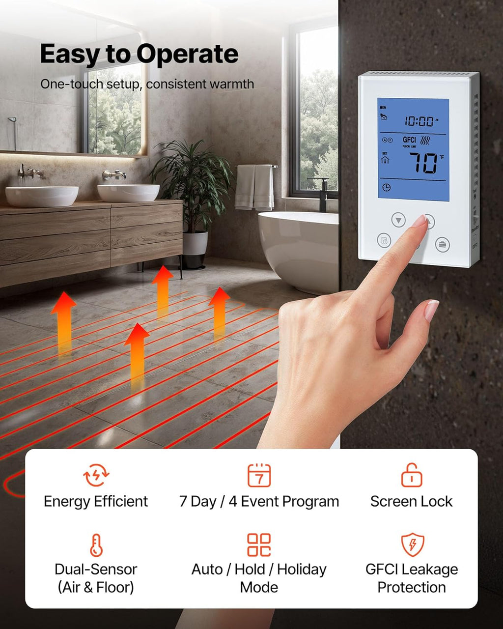 VEVOR 50 sqft Underfloor Heating Cable Kit, 120V Electric Radiant Heated Floor System, with Smart Control Thermostat & Alarm, Easy Installation for Tile, Stone, Vinyl, Home Improvement