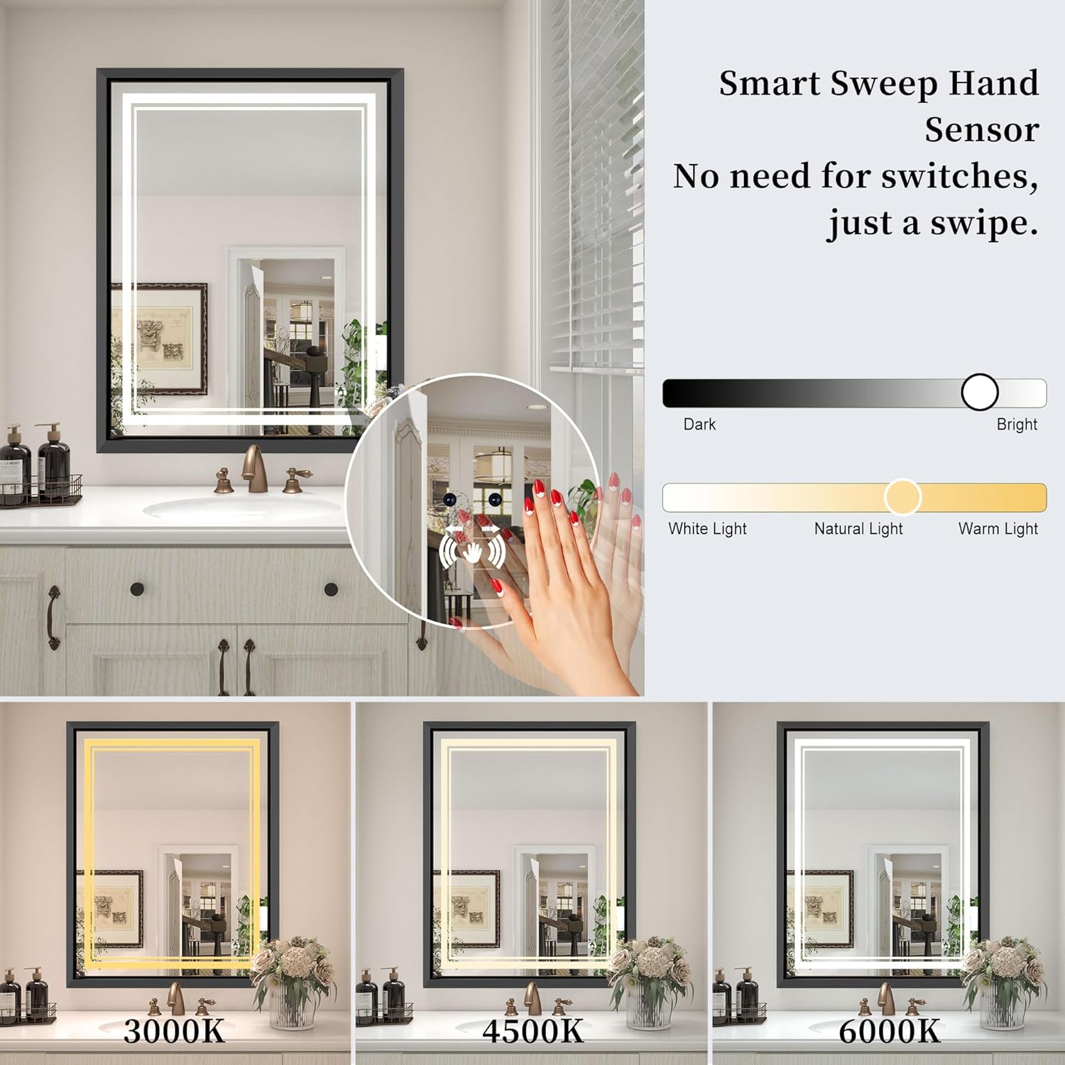 LED Bathroom Mirror: 40x32 Inch LED Bathroom Vanity Mirror - Black Framed Lighted Mirror for Bathroom Anti-Fog Gesture Control Dimmable Memory Function Tempered Glass