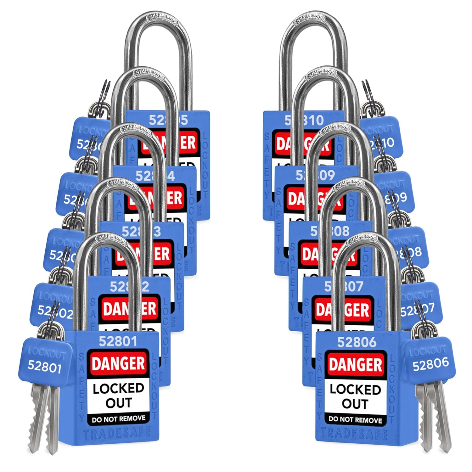 TRADESAFE Lockout Tagout Locks Set - 10 Blue Loto Locks, Lockout Locks Keyed Different, 2 Keys Per Lock, OSHA Compliant Lock Out Tag Out Padlocks, Safety Padlocks for Electrical Lockout Tag Out Kits