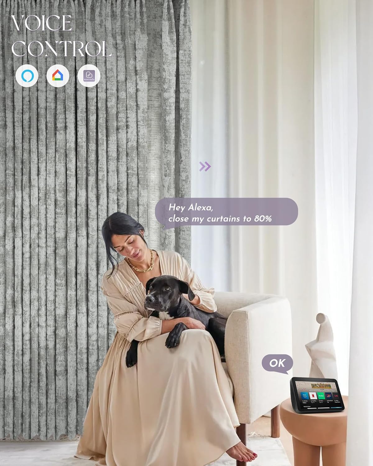 Graywind Rechargeable Smart Curtains Compatible with Alexa App Remote Control Motorized Drape for Sliding Door One-Way or Split Draw, Custom Width Up to 220" (Mist Series)