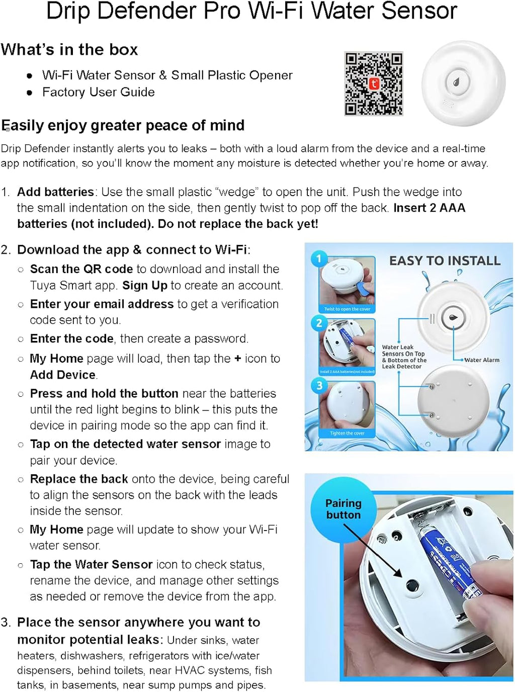 Drip Defender Pro Water Sensor | Wi-Fi Water Leak Detector for Home with 100dB Alarm, High Sensitivity, IP66 Waterproof, Easy Installation, Smart Moisture Alarm for Kitchens, Basements, and Bathrooms