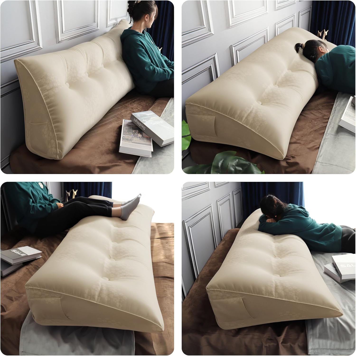 WOWMAX Headboard Pillow Queen Triangular Bed Wedge Pillow for Headboard Wedge Pillow Headboard for Daybed Bunk Bed Cream Bolster Pillow for Bed, Jacquard Satin Fabric 100% Pure Cotton, Light Beige