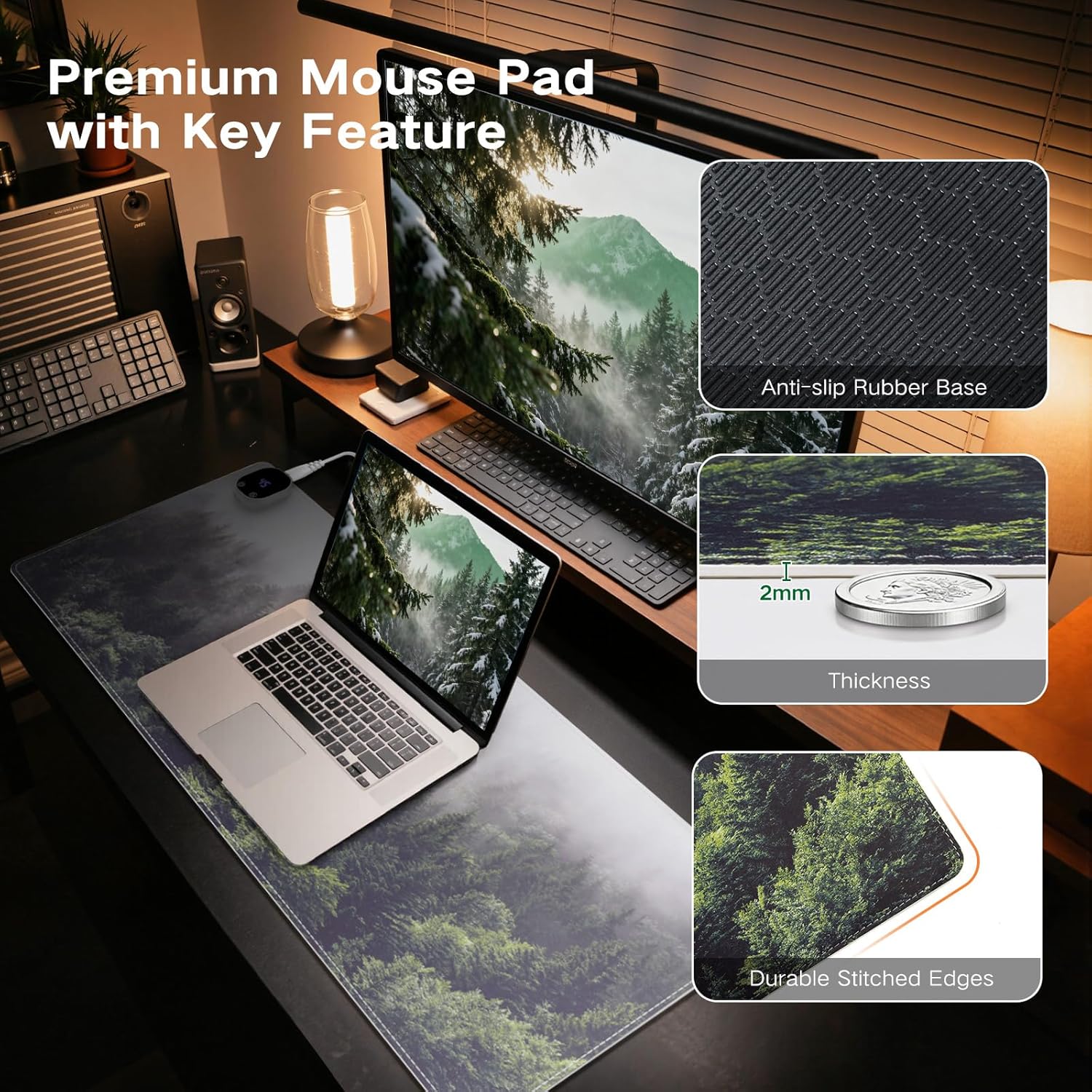 iCasso Heated Mouse Pad, XL Big Desk Pad with 4 Heating Levels & 4 Auto Shut-Off Levels for Computer Keyboard, 31.5" x 13" Large Safe Desk Mat Hand Warmer for Home Office Work (Forest)