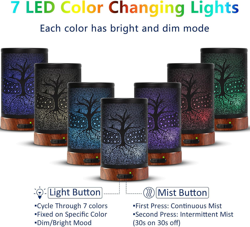 Aromatherapy Essential Oil Diffuser 150ml- Electric Cool Mist Aroma Diffuser with Intermittent Mode, Auto Shut-Off Protection, 7 Colors Changing LED Light for Home Office Decor & Gift (Life Tree)