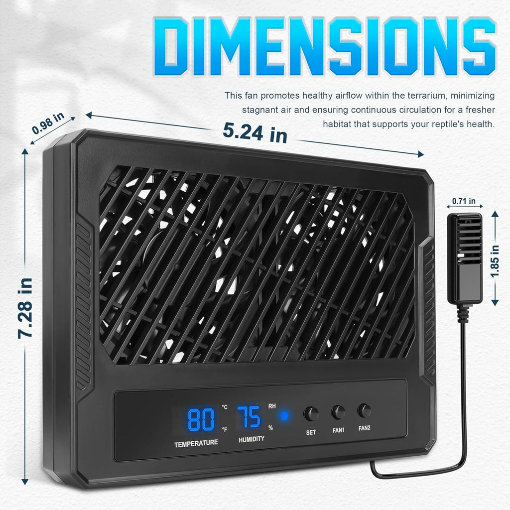 Reptile Intelligent Double Ventilation Fan with Humidity Sensor and High-Temp Alarm, Fan Dehumidifier for Reptile Terrariums, Suitable for overly humid, Rainforest and Ecological Tanks