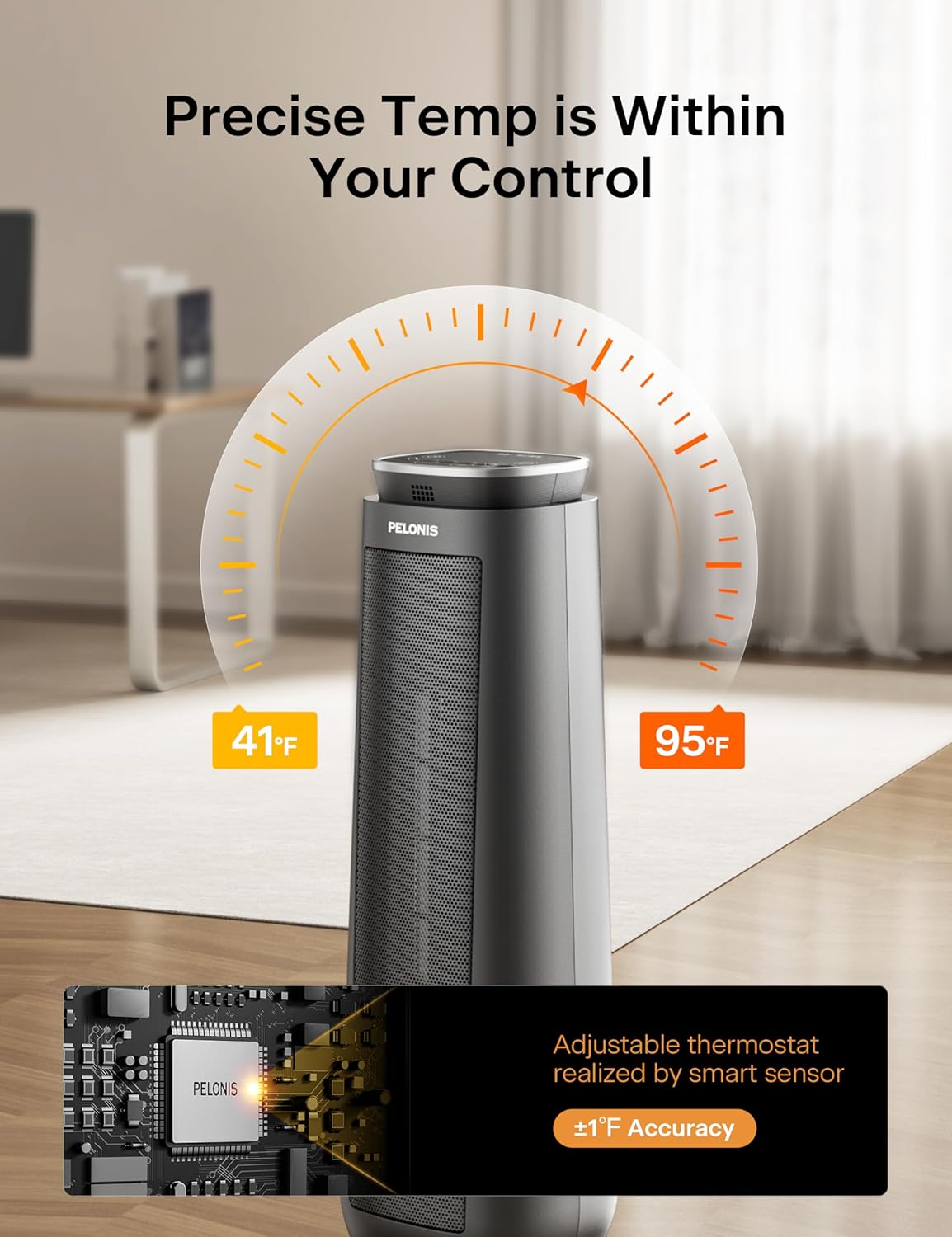 PELONIS PTH15A4BGB Ceramic Tower 1500W Indoor Space Heater with Oscillation, Remote Control, Programmable Thermostat & 8H Timer, ECO Mode, Tip-Over Switch & Overheating Protection, Gray