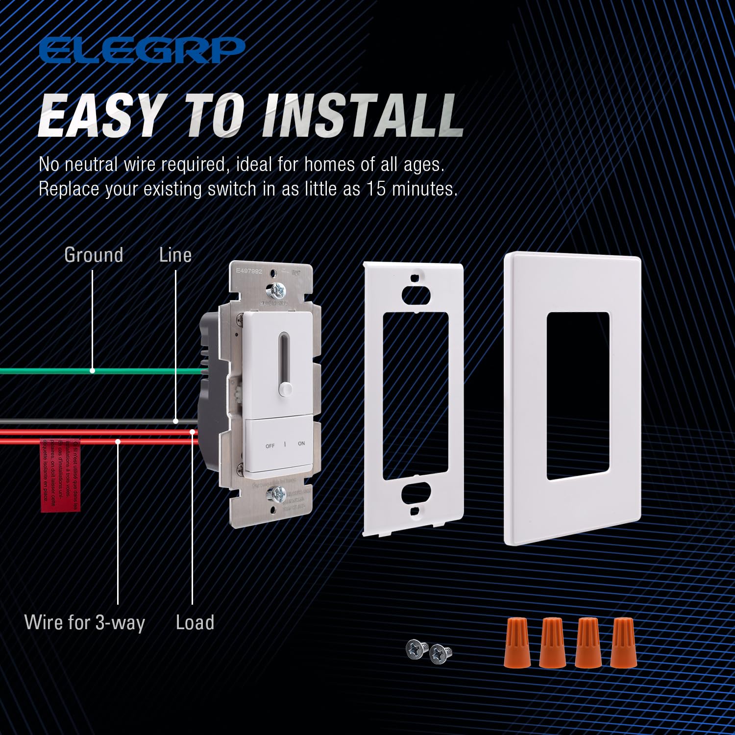 ELEGRP Slide Dimmer Switch for Dimmable LED, CFL and Incandescent Light Lamp Bulbs, Single Pole or 3-Way, Full Control with Preset, Rocker Paddle, Wall Plate Included, UL Listed (1 Pack, Matte White)