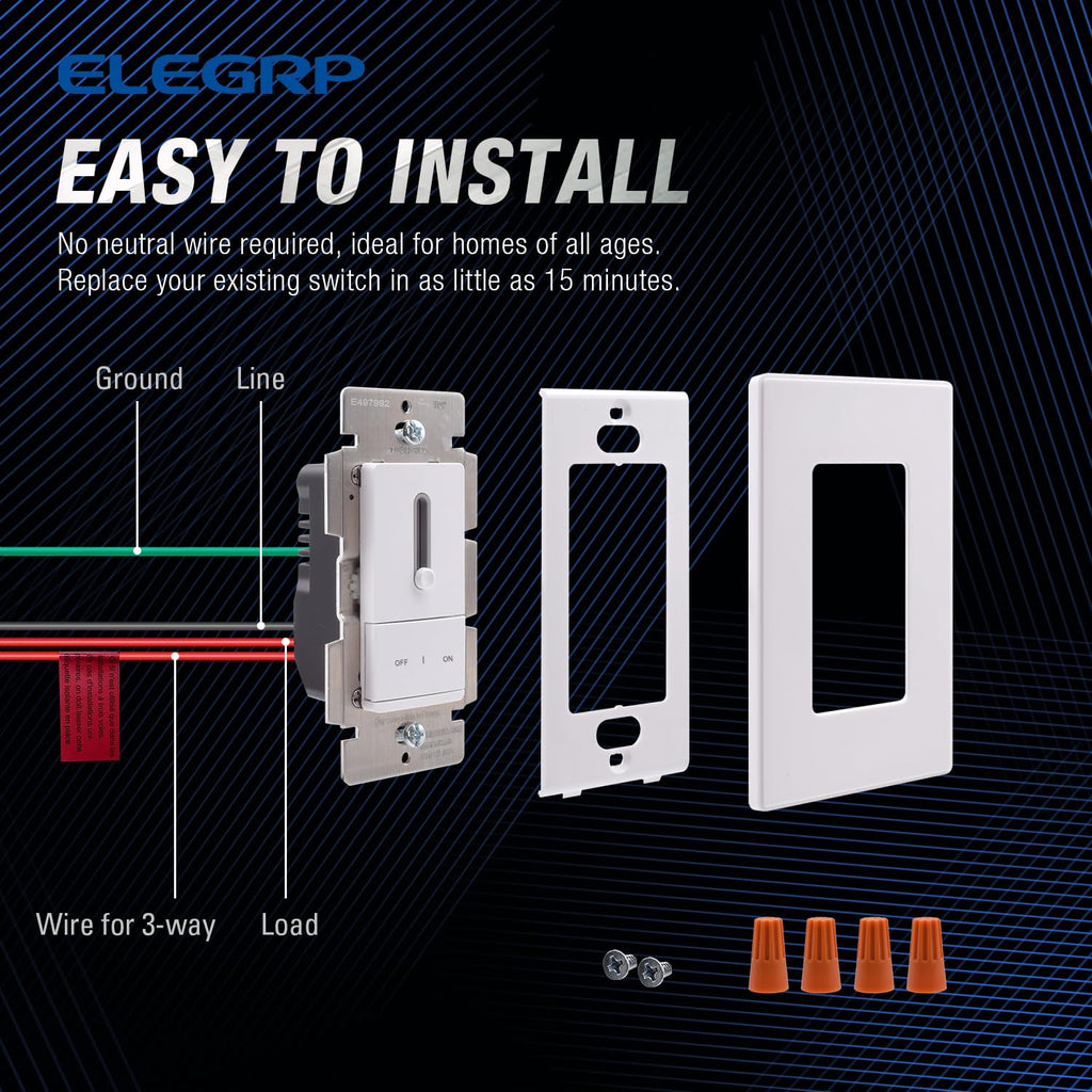 ELEGRP Slide Dimmer Switch for Dimmable LED, CFL and Incandescent Light Lamp Bulbs, Single Pole or 3-Way, Full Control with Preset, Rocker Paddle, Wall Plate Included, UL Listed (6 Pack, Matte White)