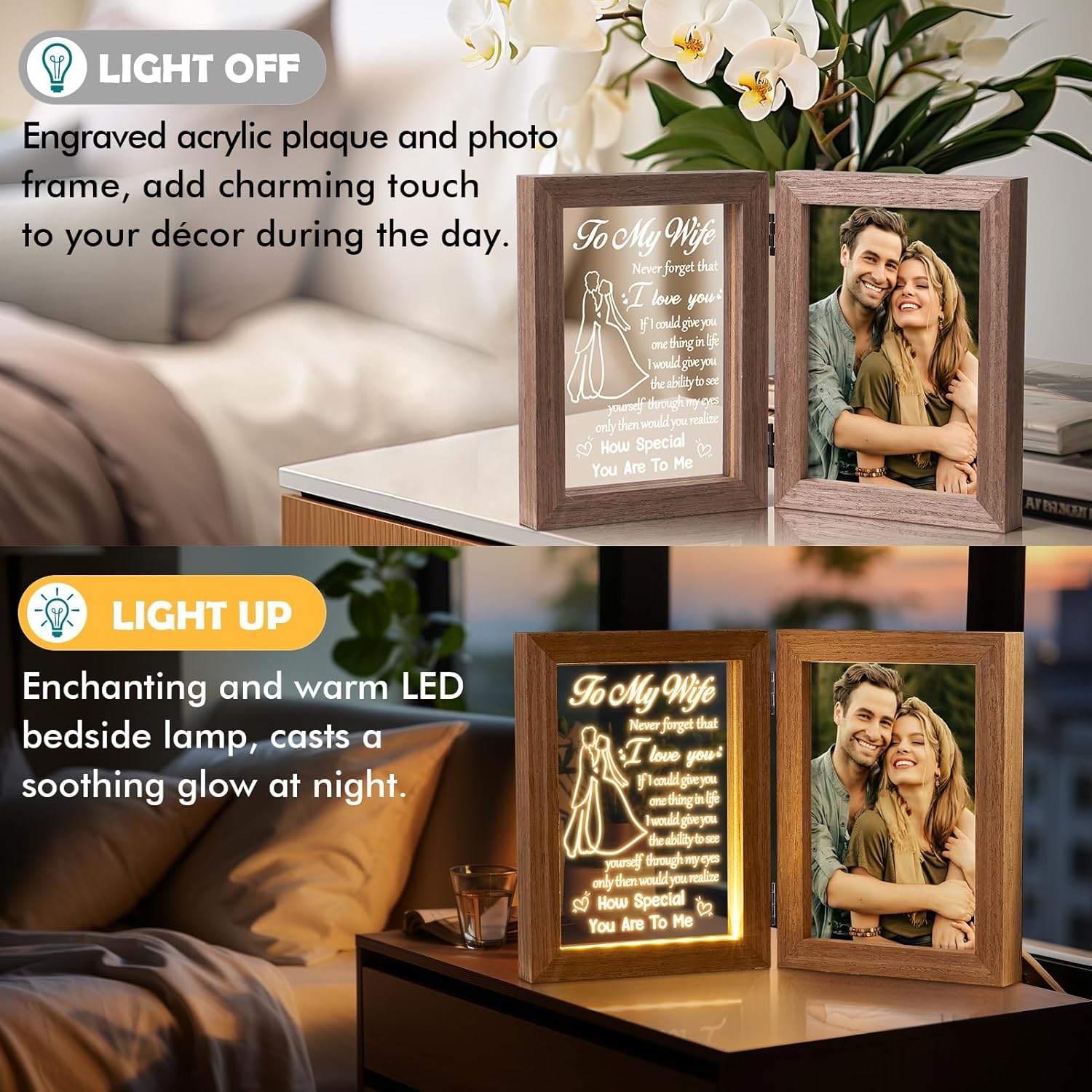 Christmas Gifts for Wife from Husband - Wife Gifts Picture Frame 5x7 with Night Light, Wedding Anniversary Birthday Gift for Women Wifey Ideas Valentines Day I Love You Gift for Her Romantic to Wifey
