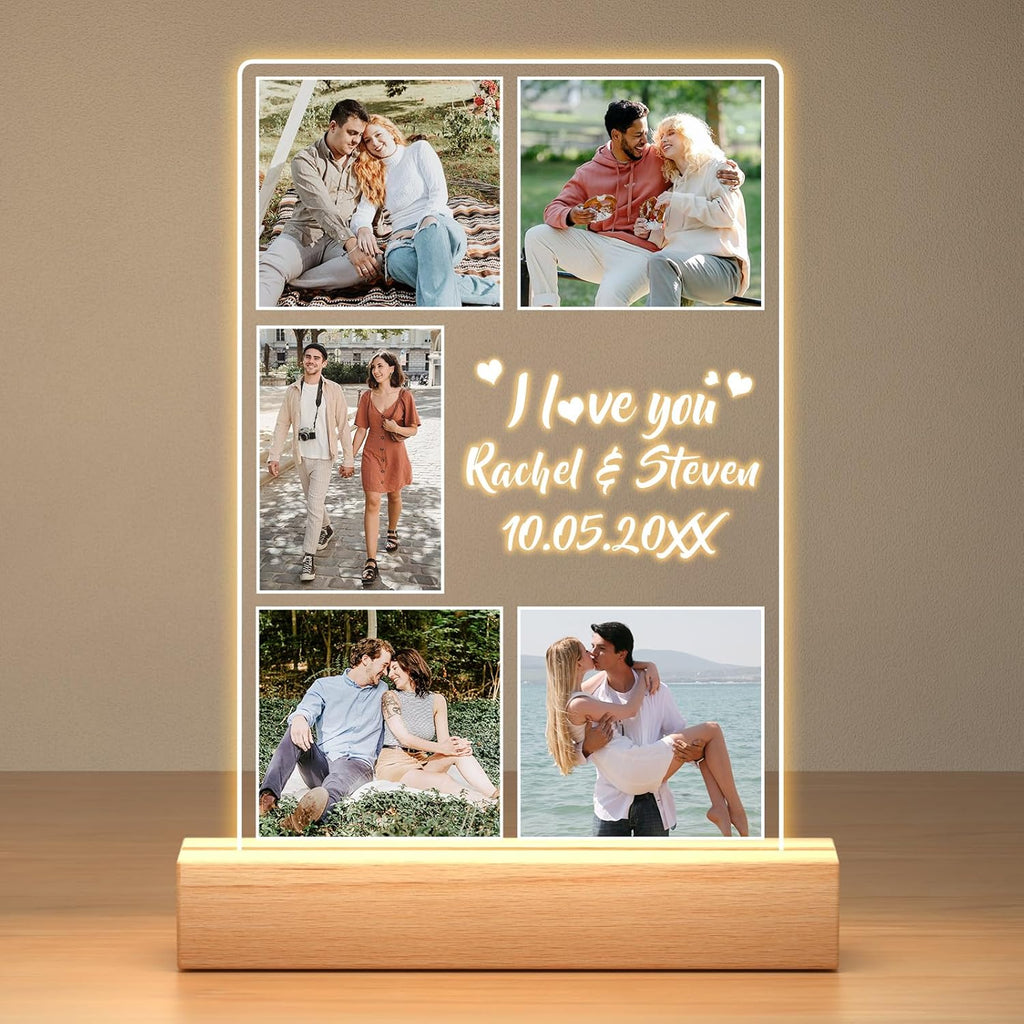 Custom Picture Frame with Photo, Customized Photo Frame with Night Light, Personalized Boyfriend Girlfriend Gifts for Couples, Personalized Anniversary Valentines Day Gifts for Women Men Her Him Wife