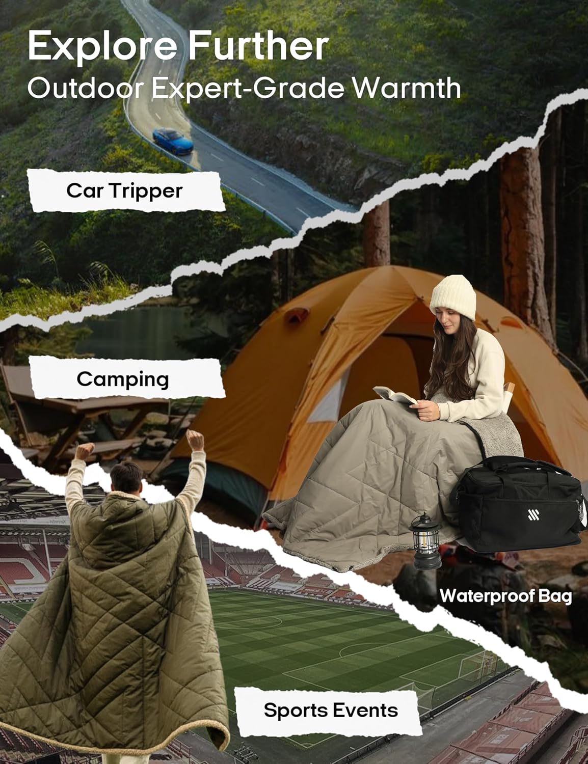 ZonLi Z-Walk Battery Operated Heated Blanket,Rechargeable 12v Portable Heated Blanket with 3 Heating Levels,Includes 20000mAh Power Bank,for Camping,Car,Stadium,Outdoors(Black)