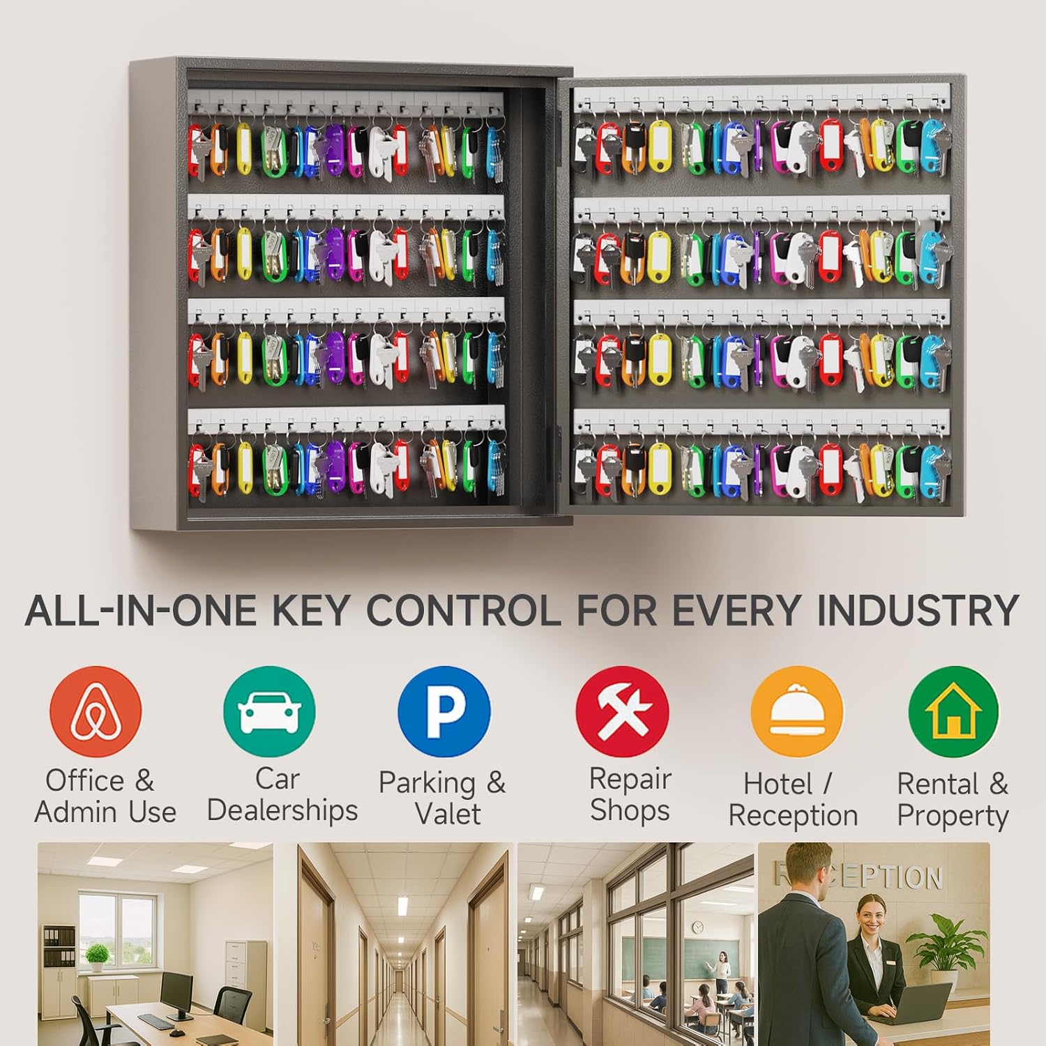 WeHere Key Lock Box for 120 Keys, Wall Mount Key Cabinet with Color Key Tags, Steel Key Storage Box with Lock, Key Holder Organizer for Home, Office, Apartment, Property Management