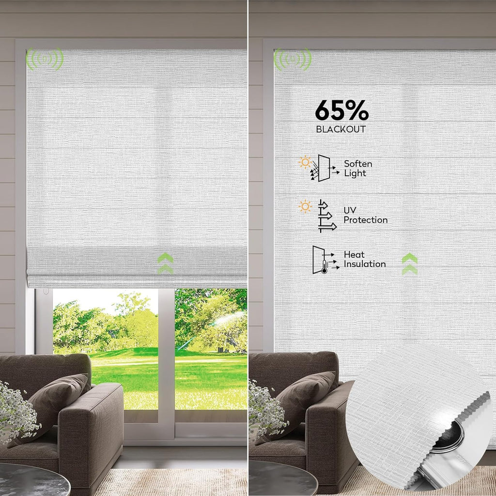 ZSTARR Smart Roman Shades Rechargeable Motorized Blinds with Remote Light Filtering Roman Window Shades Plain Fold Soft for Doors Bedroom, Custom Size (Sheer White)