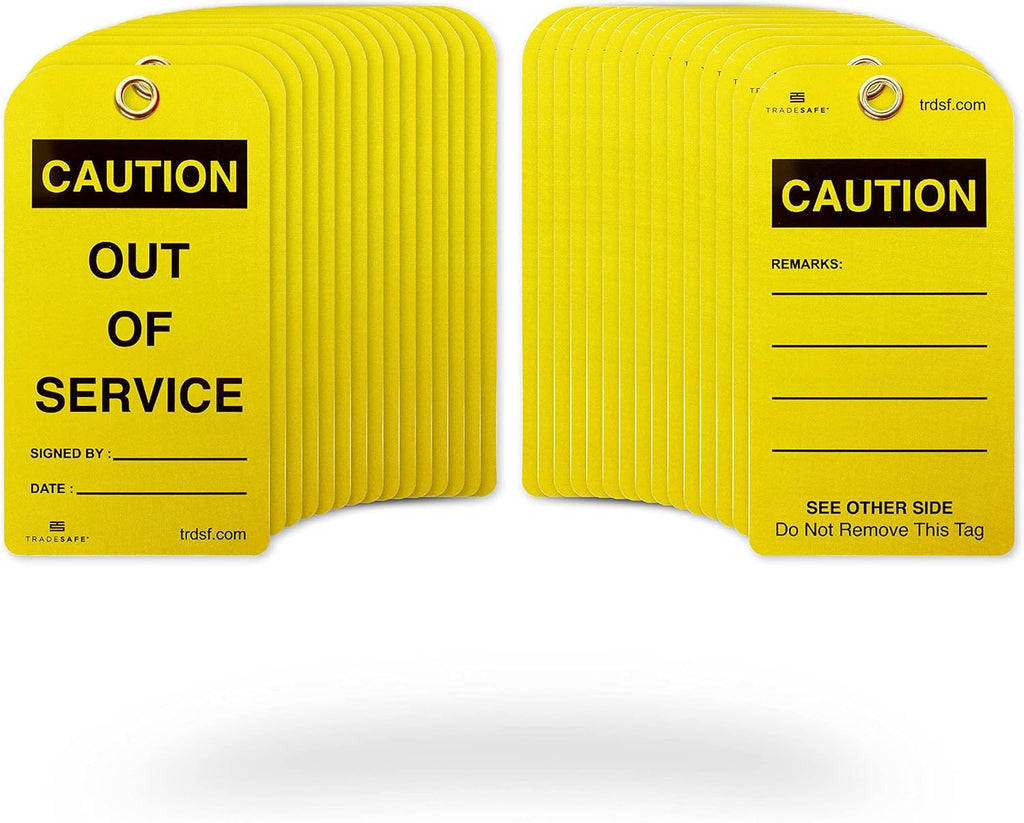 TRADESAFE Caution Out of Service Tags - 30 Yellow Caution Signs with 30 Cable Ties, Durable 32 mil Vinyl, Caution Tags for Equipment Repair or Service, Accident Prevention