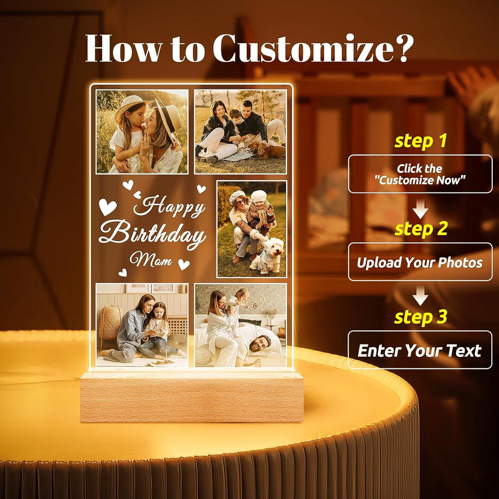Personalized Birthday Gifts for Mom from Daughter Son, Custom Collage Picture Frames with Photo, Customized Photo Frame with Night Light, Personalized Gifts for Mom Baby Kids Family