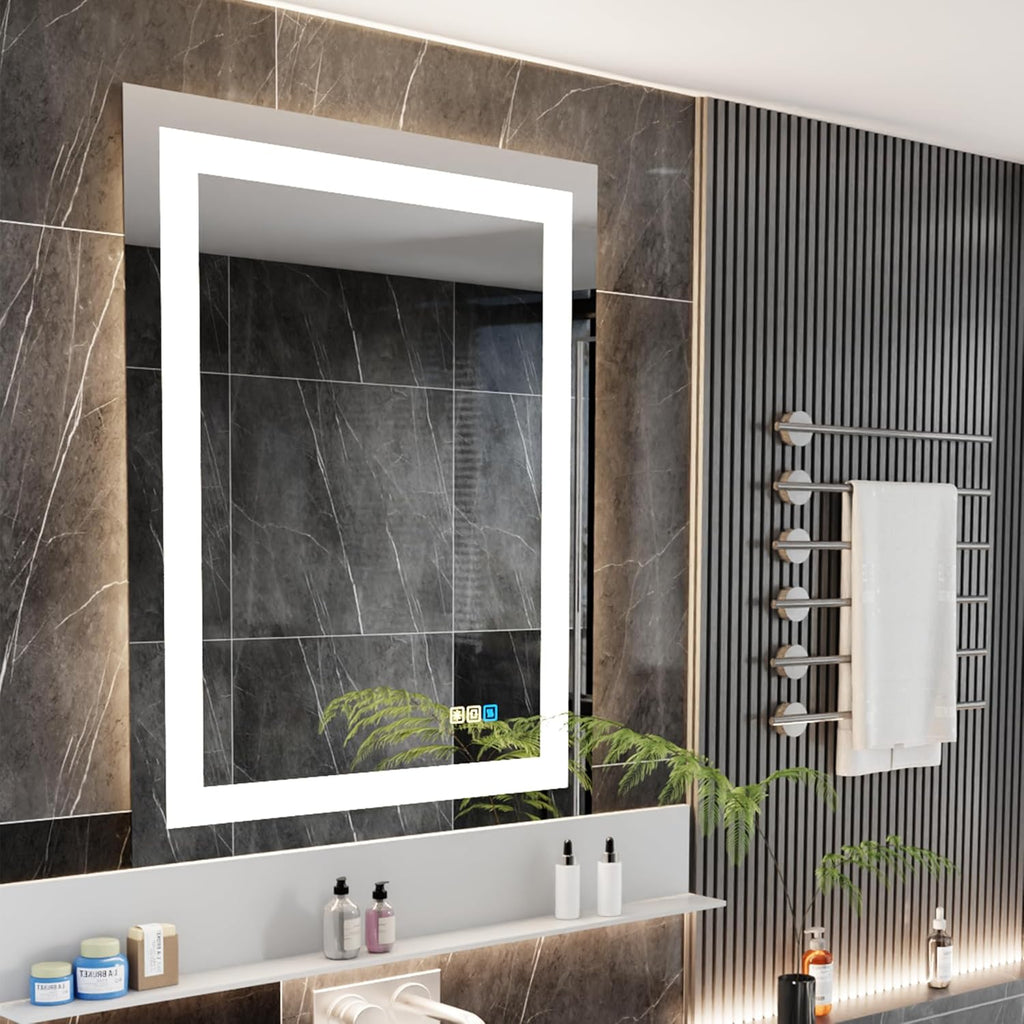 24 * 32inches LED Mirror, Smart Bathroom Mirror with Lights, Anti-Fog, Tempered Glass, 3 Colors Dimmable, Front and Backlit, CRI 90+, Wall Mounted, Memory