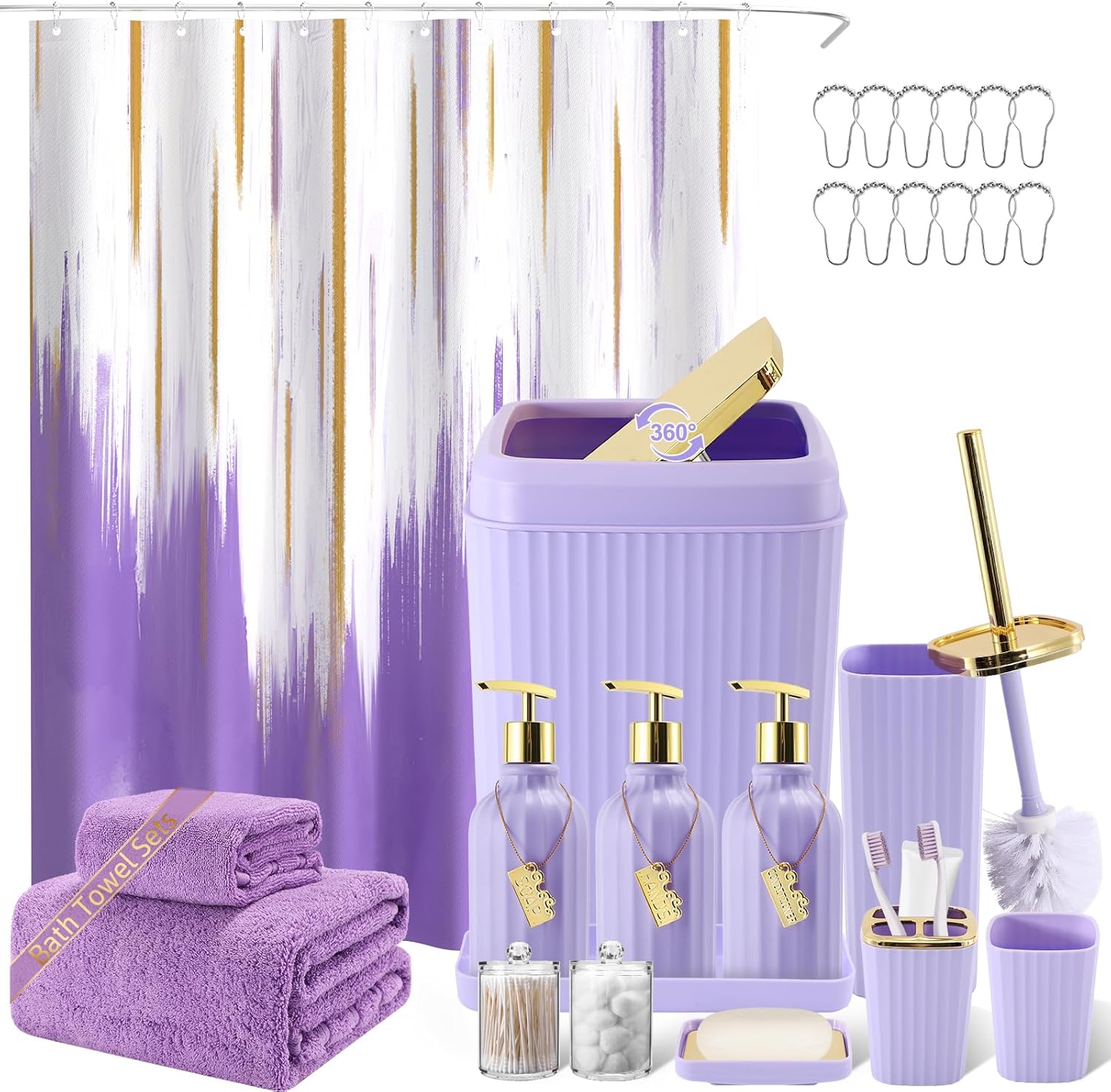20PC Bathroom Accessory Set Bathroom Accessories Set Purple Bathroom Set, Shower Curtain Set, 2 Piece Bath Towel Set, 3PC Soap Dispenser, Toilet Brush & Trash Can