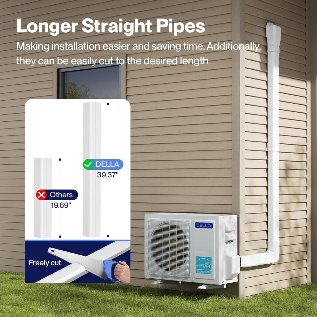 Della 4" 11 Ft Mini Split Line Set Cover, Decorative PVC Lineset Cover Kit, Paintable for Air Conditioner, Central AC, HAVC & Heat Pumps Systems Tubing Cover, White