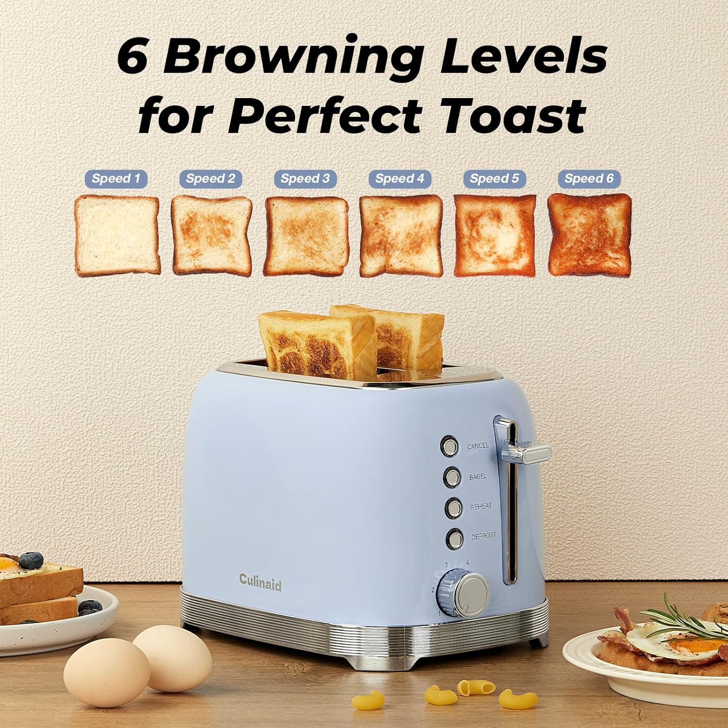 Toaster 2 Slice Retro Stainless Steel with 1.5” Extra Wide Slots Bagel, Defrost, Reheat, Cancel Functions, 6 Bread Shade Settings, Removable Crumb Tray, Blue