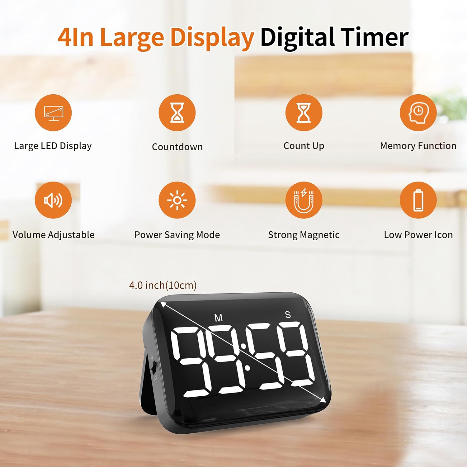 VOCOO Magnetic Kitchen Timer for Cooking with Count Up Countdown, Digital Timer Battery Powered with Large Display, 2 Brightness and Volume Levels for Classroom, Teacher, Kids (Dark Black)